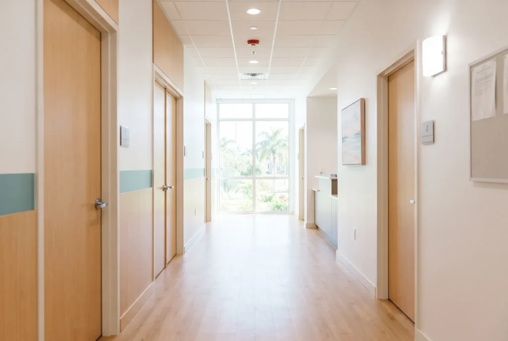 Hallway leading to treatment rooms in a modern dental office in Lake Worth