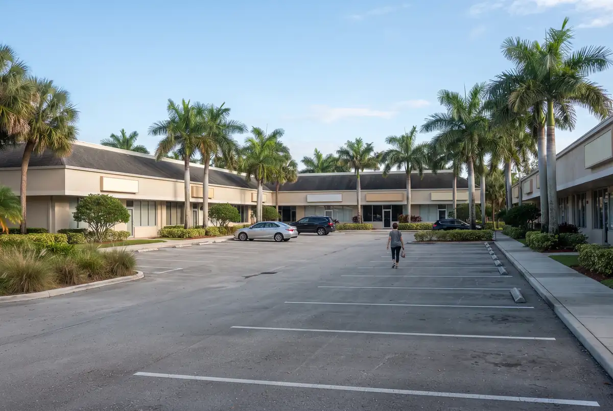 Palm-lined parking lot of a small office plaza on a quiet Sunday morning in Lake Worth, Florida