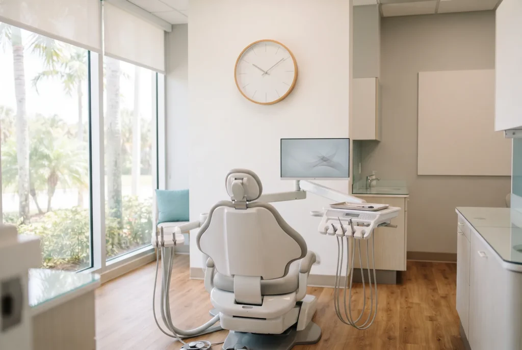 Wall clock and dental chair suggesting timing for a broken tooth repair in Lake Worth