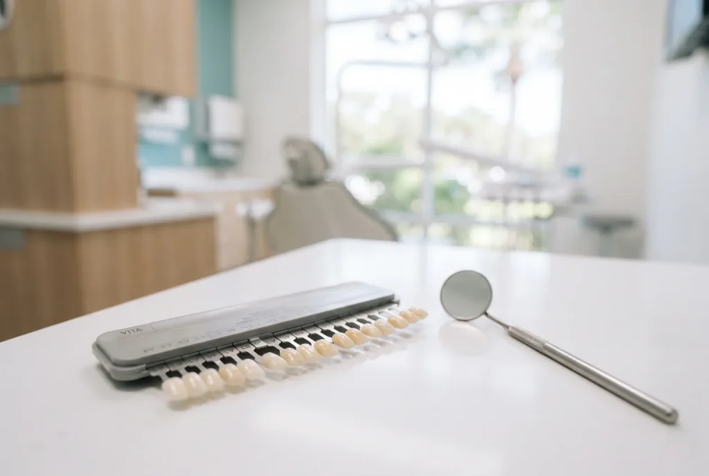 Tooth-colored shade tabs on a counter used to match a broken tooth repair in Lake Worth