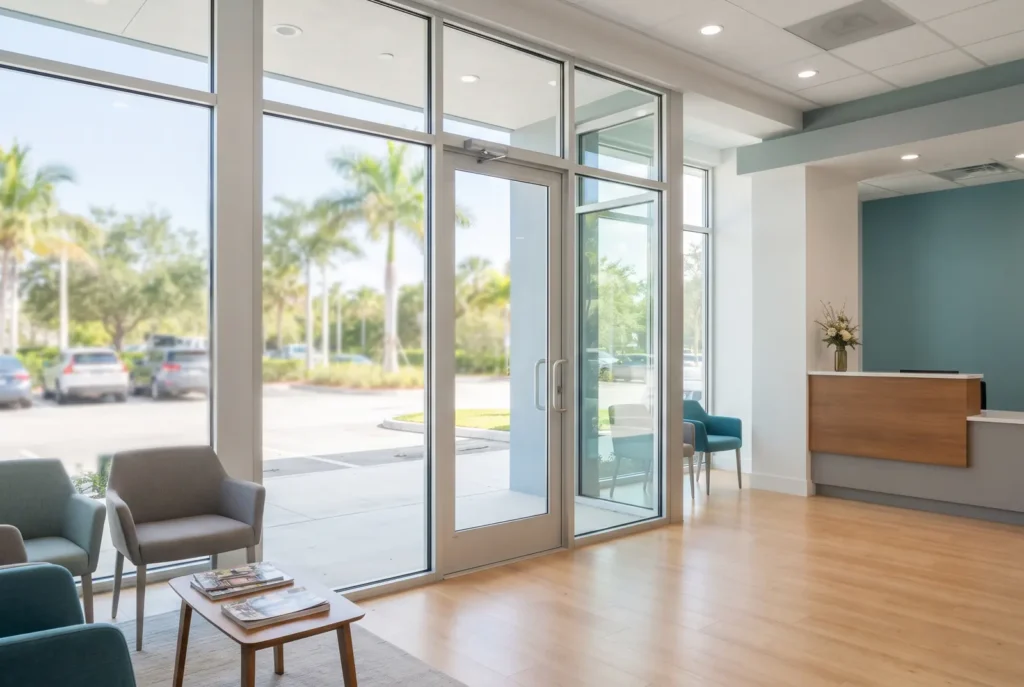Glass entrance door of a bright dental office in Lake Worth, Florida