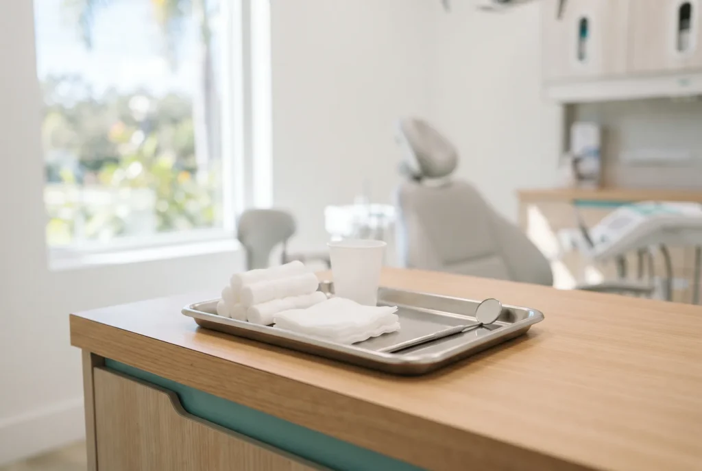 Clean dental tray with gauze, cotton rolls and a rinse cup for abscess care in Lake Worth