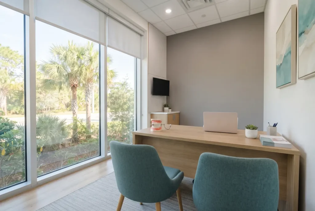 Two chairs facing a desk in a bright dental consultation room in Lake Worth