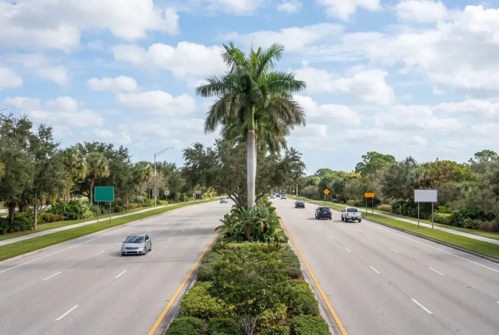 Wide suburban road lined with palms in central Palm Beach County, Florida