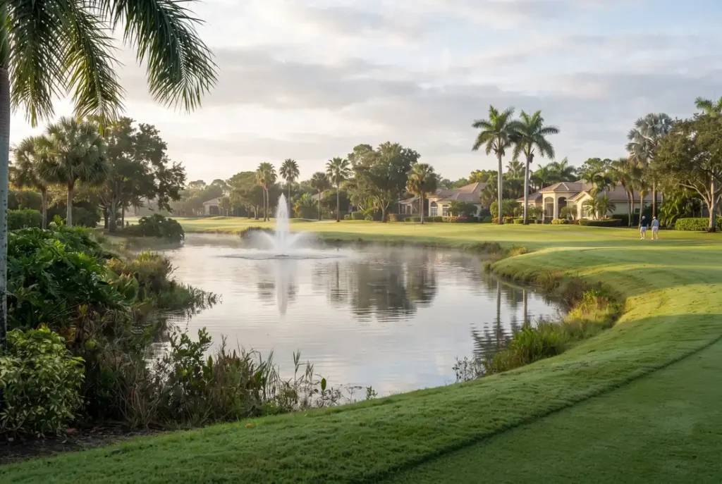 Golf course lake and palms in a quiet residential community near Aberdeen, Florida