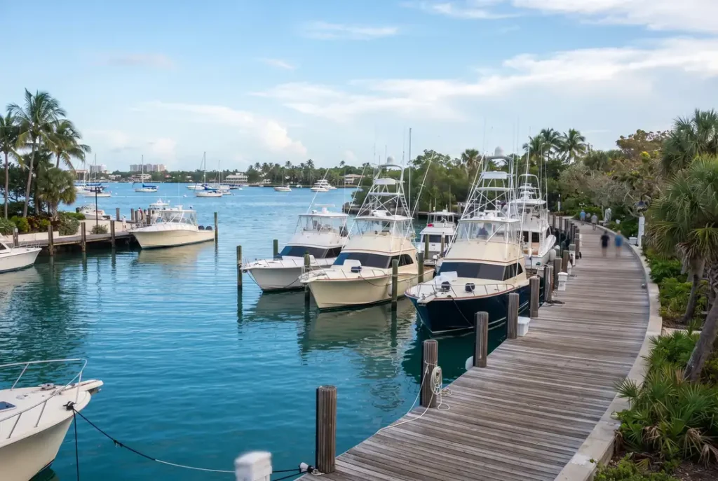 Marina with sport-fishing boats and palms in Boynton Beach, Florida