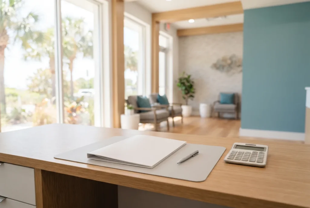 Pen and blank folder on a dental office desk for a written treatment price in Lake Worth