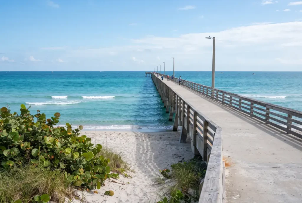 Long fishing pier over turquoise Atlantic water at Lake Worth Beach, Florida