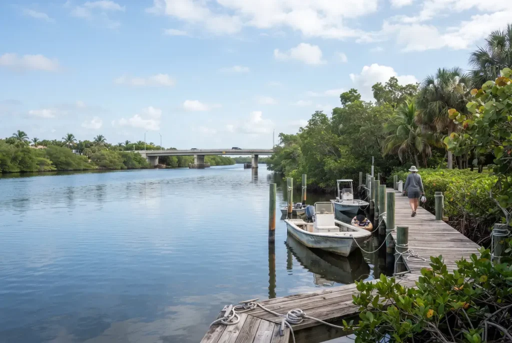Calm Intracoastal waterway with small boats and mangroves near Lantana, Florida