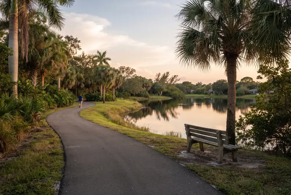 Small lake with a walking path and palms in Palm Springs, Florida