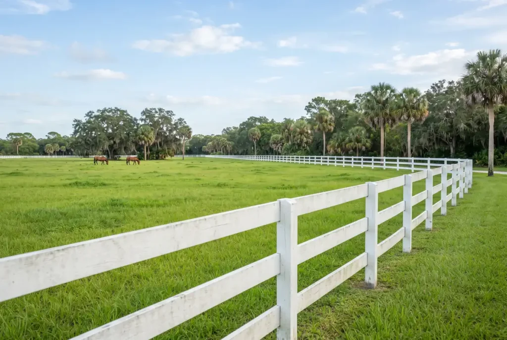 White horse fence and green pasture under a blue sky in Wellington, Florida