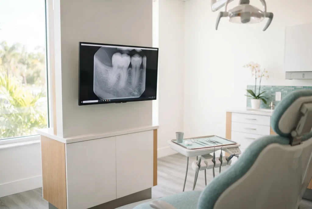Radiografía de una muela en una pantalla junto al sillón dental en Lake Worth