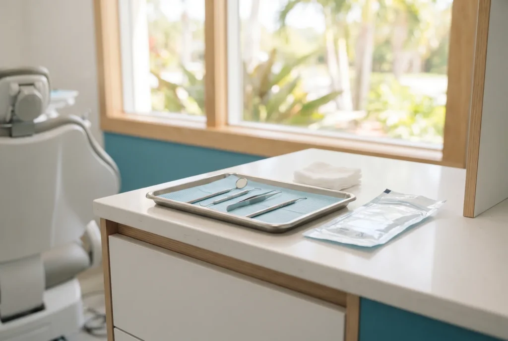 Covered instrument tray and gauze prepared for a tooth extraction in a Lake Worth dental office