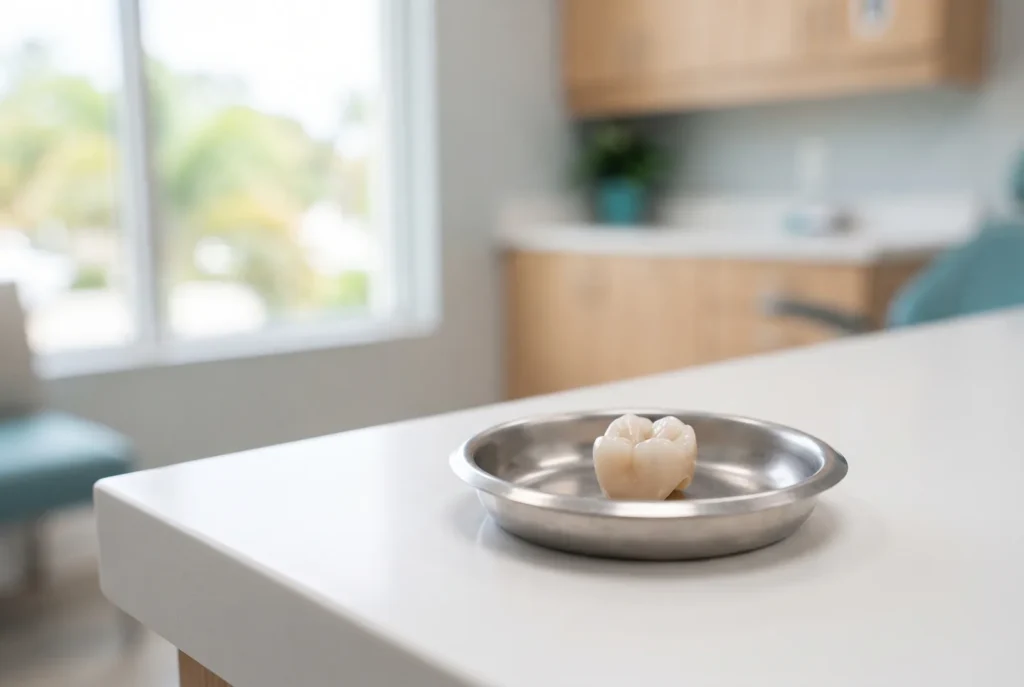 Dental crown resting in a small dish on a clean counter before being recemented in Lake Worth