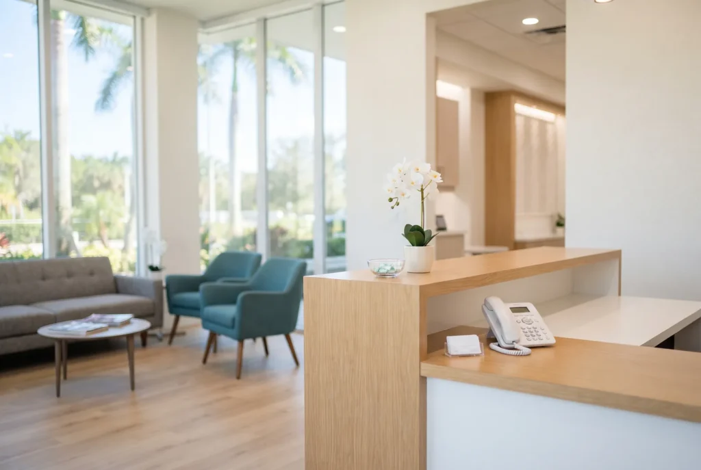 Bright dental office reception counter with a phone ready for same-day emergency calls in Lake Worth