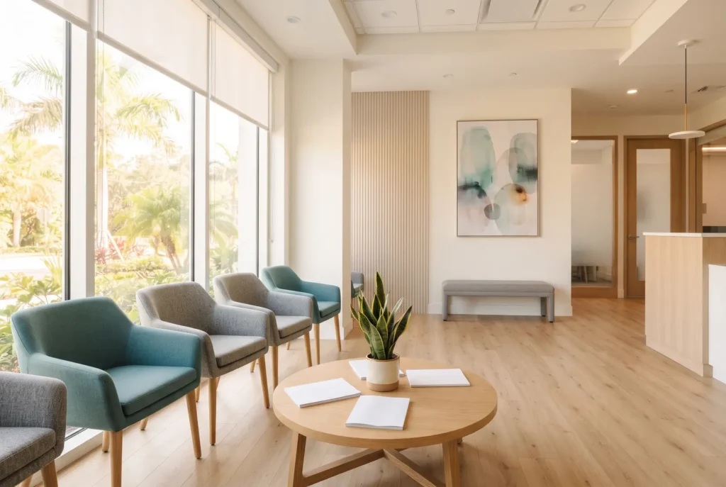Quiet, sunlit dental waiting room on a weekend morning in Lake Worth