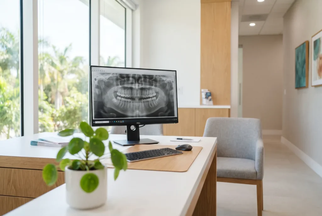 Panoramic dental X-ray on a monitor showing wisdom teeth in a Lake Worth dental office